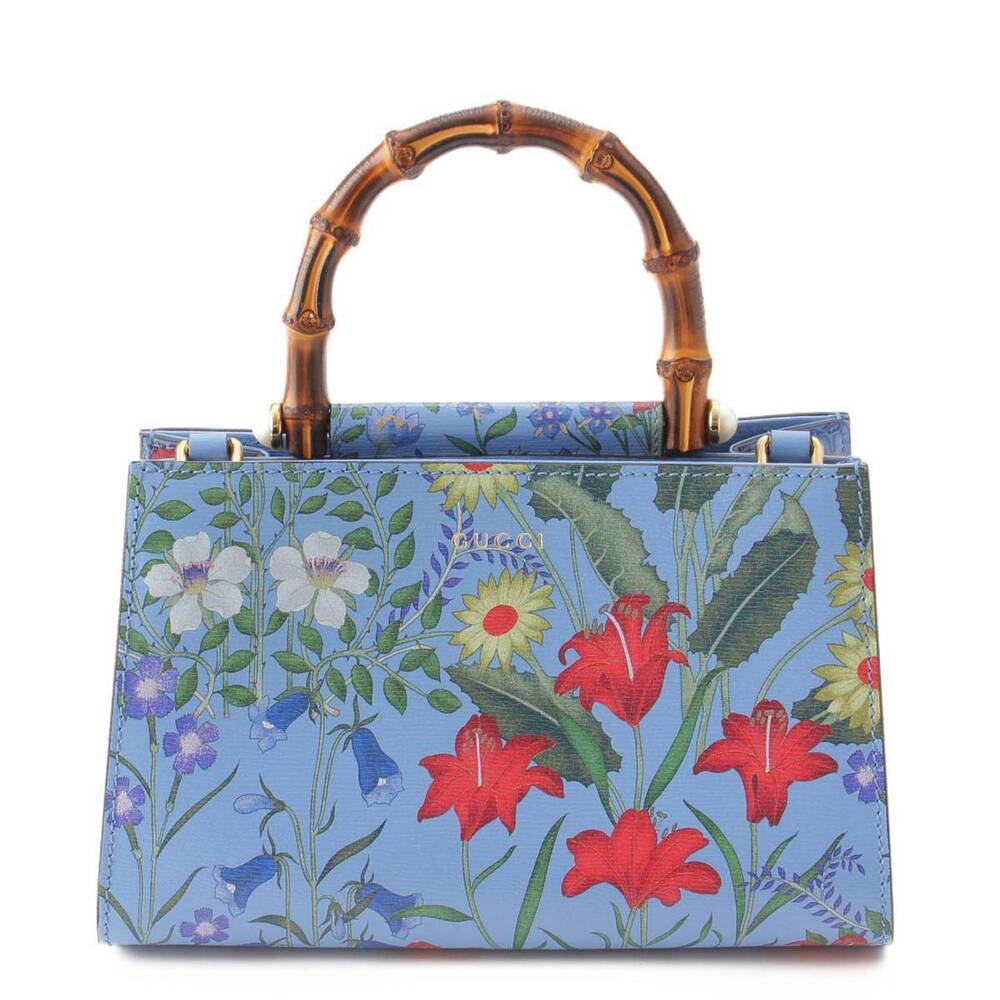 Gucci Bamboo Top Handle 2way Nimfair Flora Flower Floral Handbag Blue